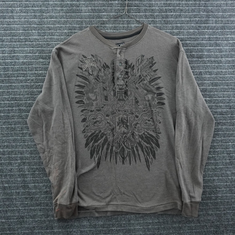 Point Zero Graphic Henley Mens XXL Gray Long Sleeve Waffle Knit Gothic Biker Top